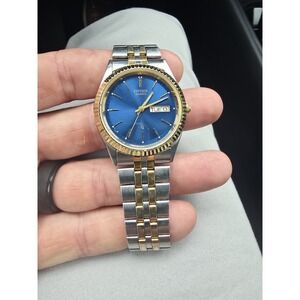 Vintage Citizen CQ Men's Day Date Presidential Watch Gold Tone Blue Dial S Steel